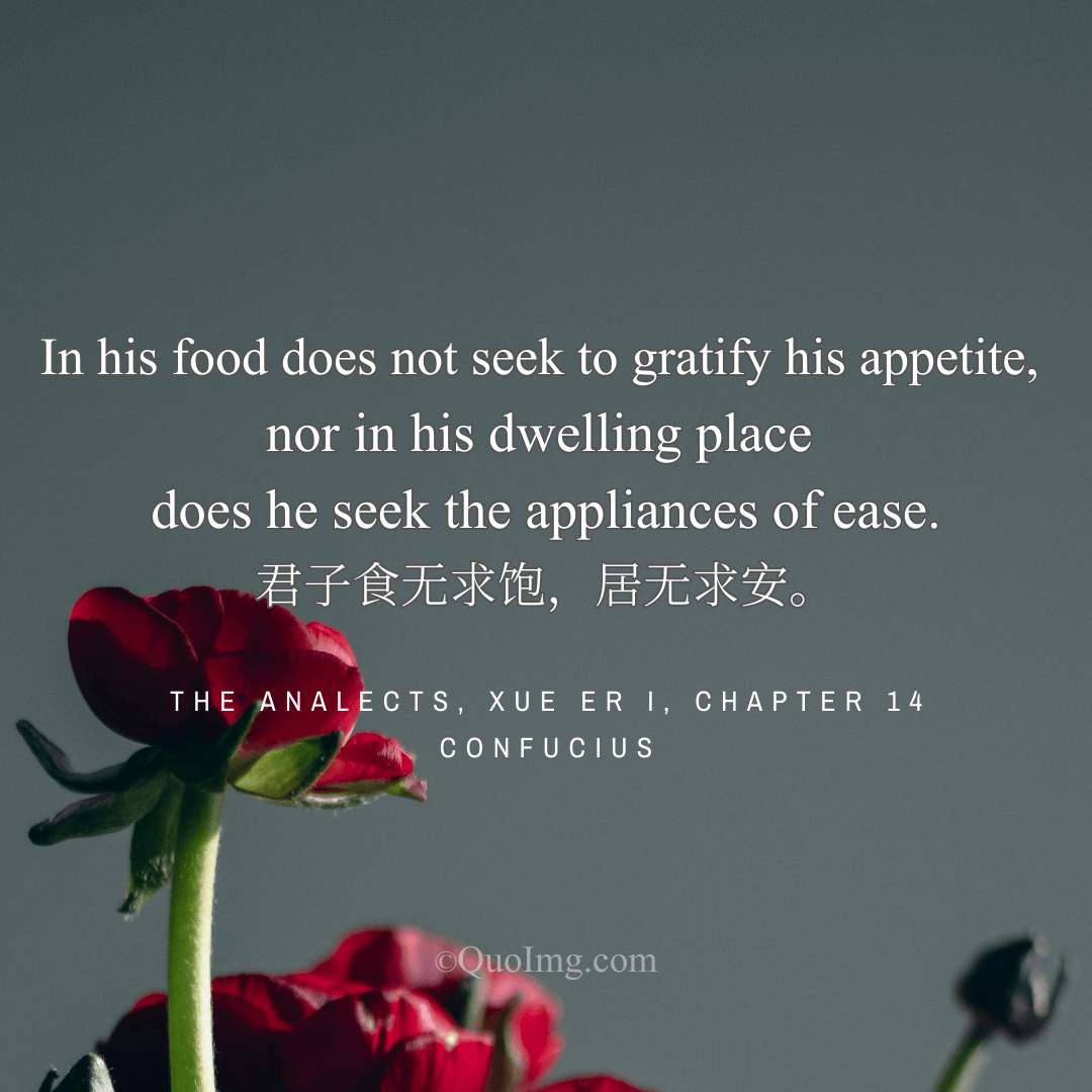 Confucius Quote: In his food does not seek to gratify his appetite, nor in his dwelling place does he seek the appliances of ease.