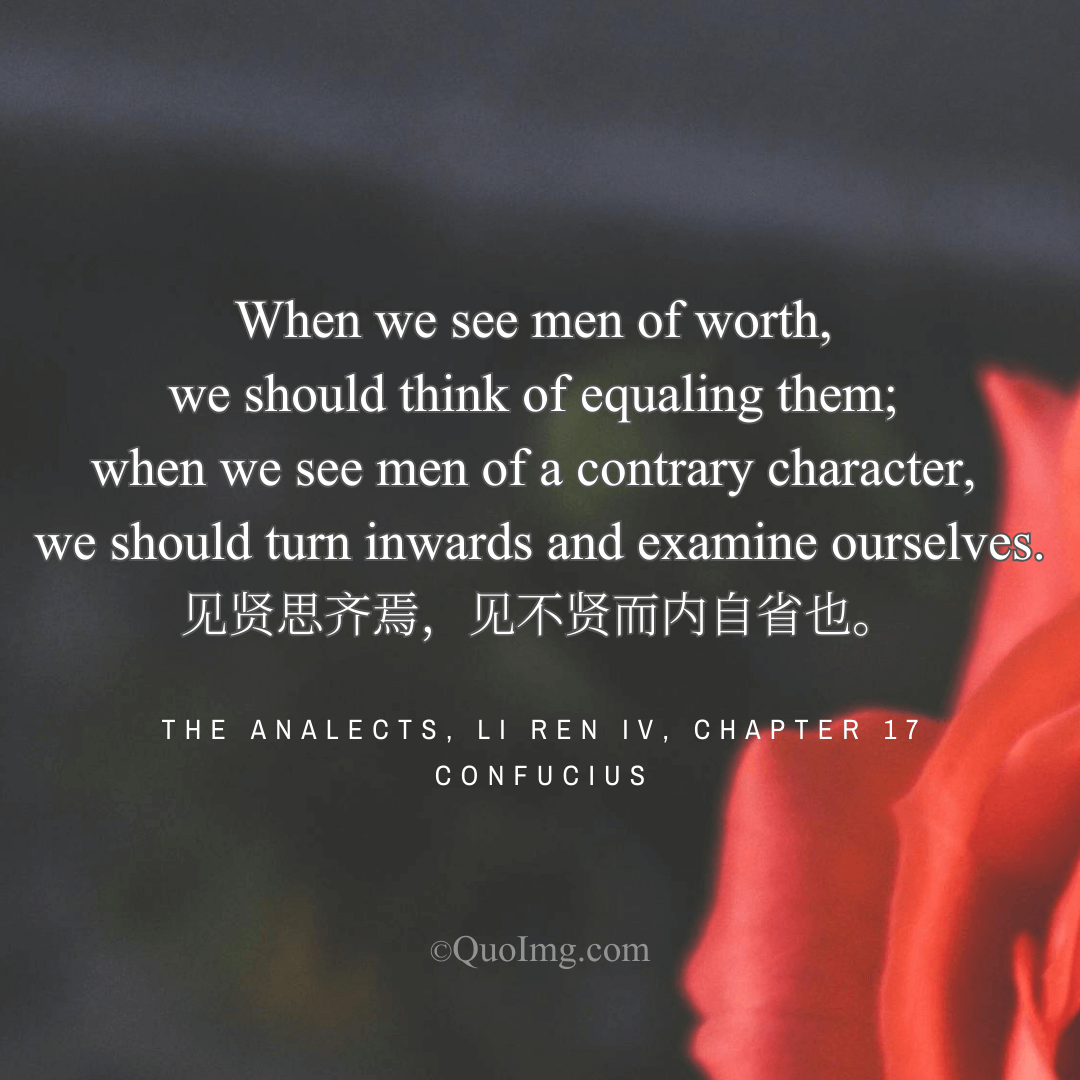 Confucius Quote: When we see men of worth, we should think of equaling them; when we see men of a contrary character, we should turn inwards and examine ourselves.