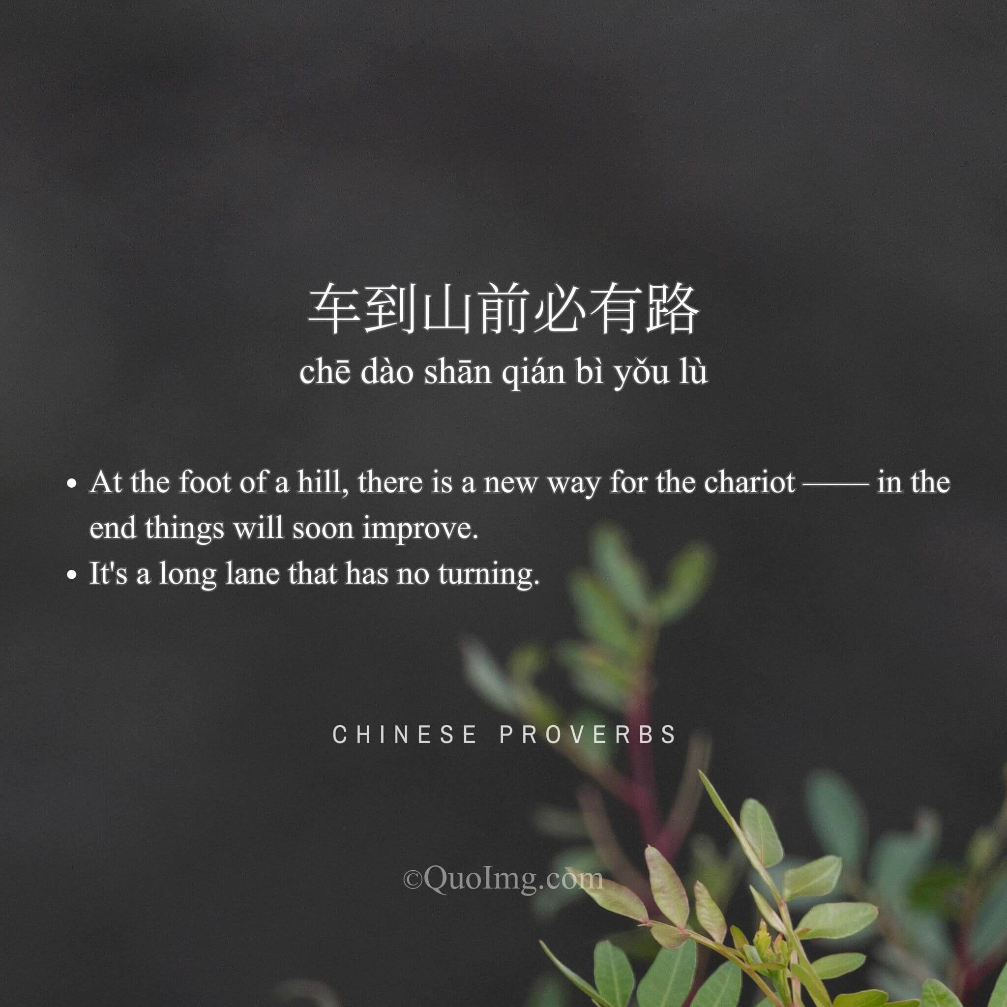 Chinese Proverb: 车到山前必有路 (At the foot of a hill, there is a new way for the chariot —— in the end things will soon improve.)