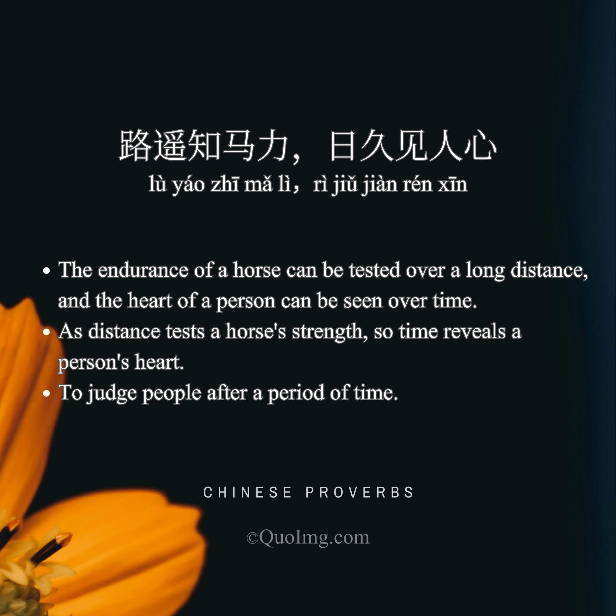 Chinese Proverb: 路遥知马力，日久见人心 (The endurance of a horse can be tested over a long distance, and the heart of a person can be seen over time.)