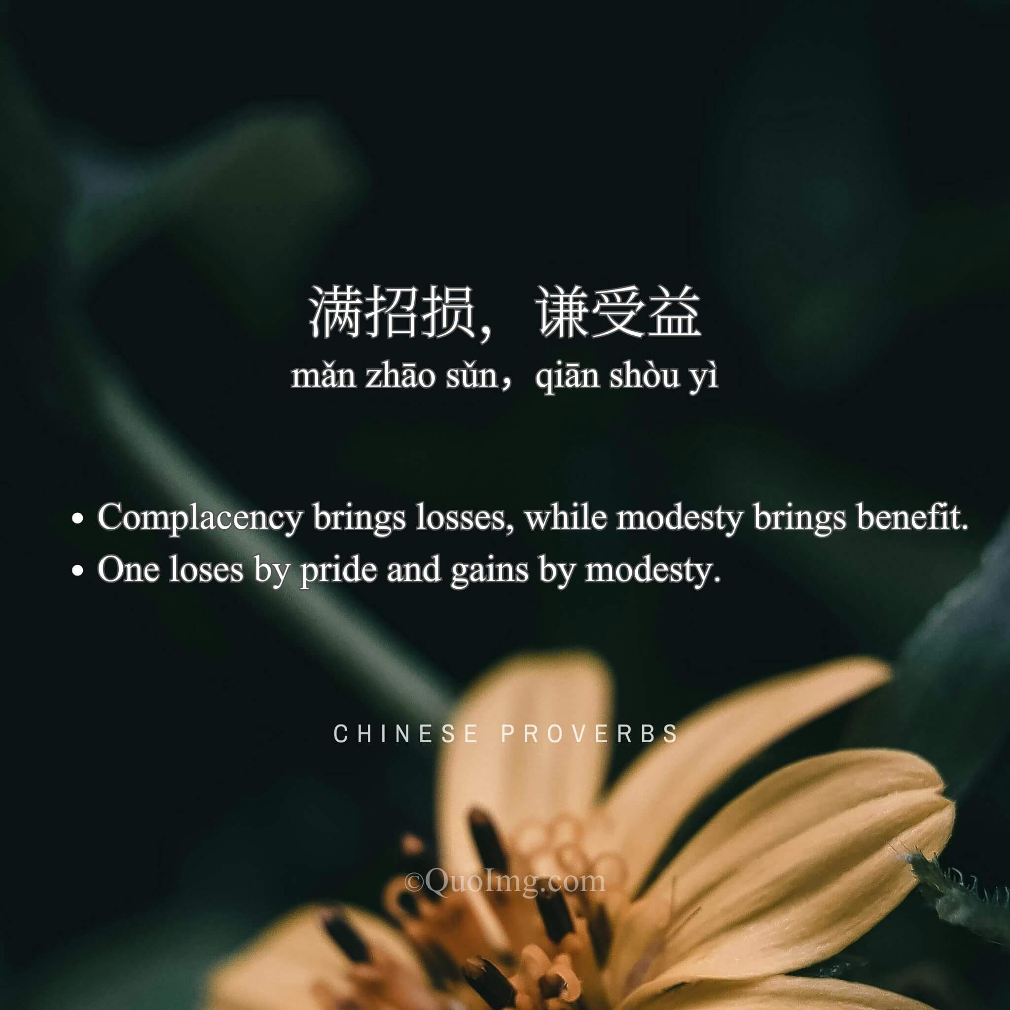 Chinese Proverb: 满招损，谦受益 (Complacency brings losses, while modesty brings benefit.)