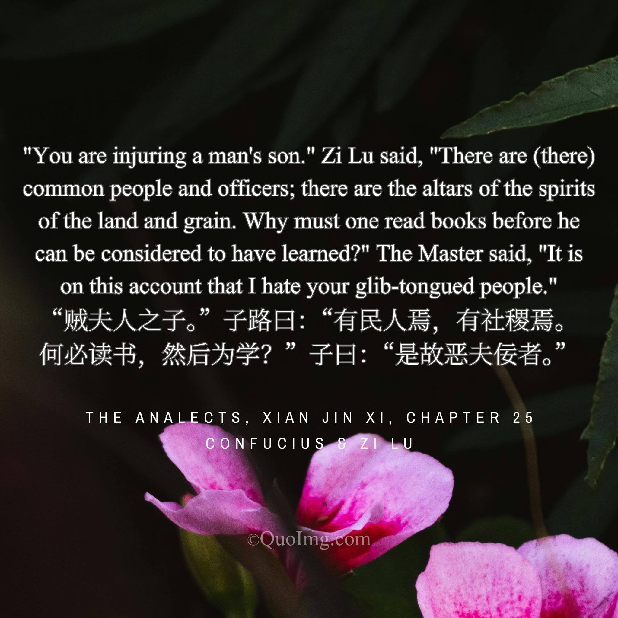 Confucius: “You’re harming him.” Zi Lu: “Why must one read books to have learned?” Confucius: “That’s why I hate glib talkers.”
