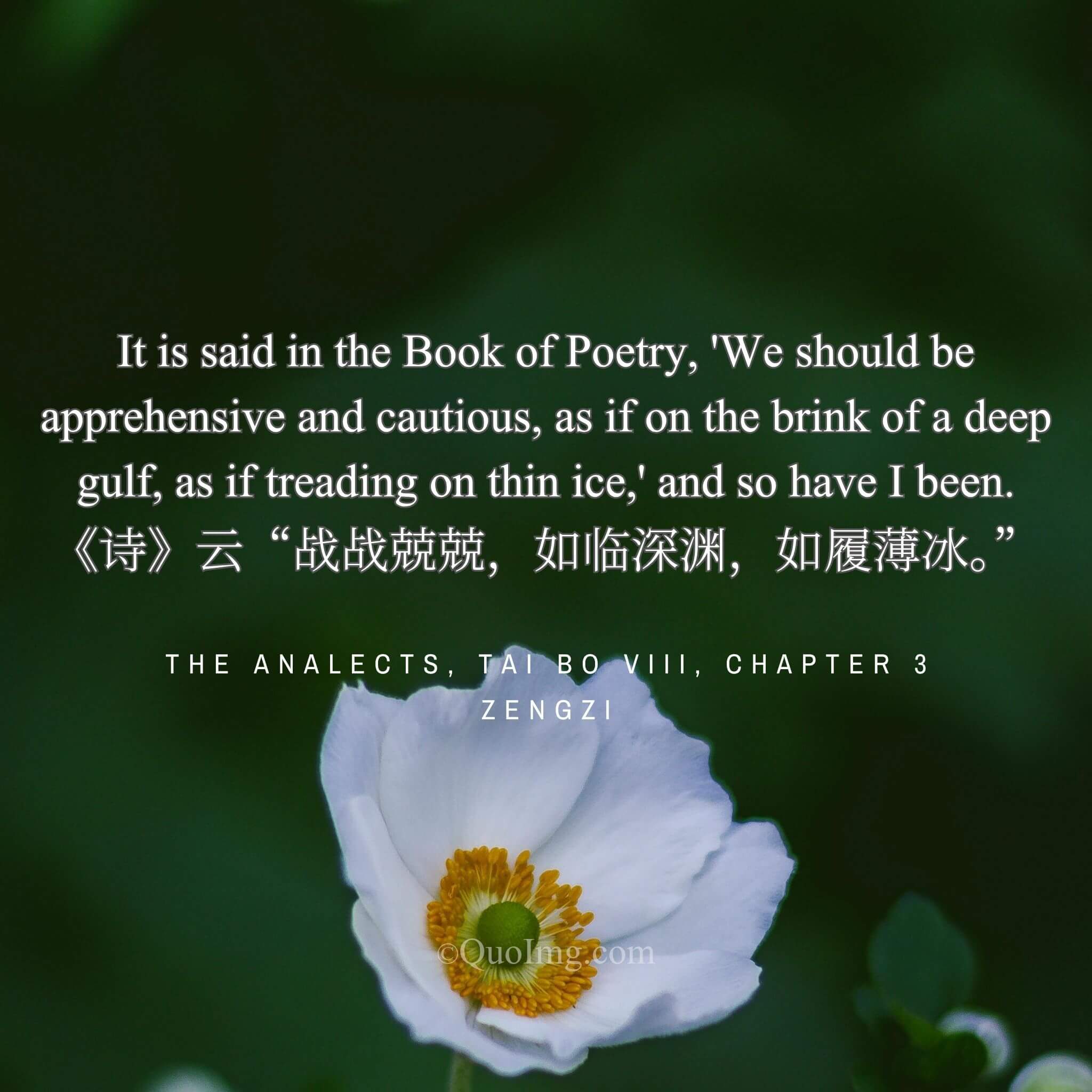 Zengzi quoted the Book of Poetry: We should be as cautious as if on a cliff's edge or treading on thin ice.