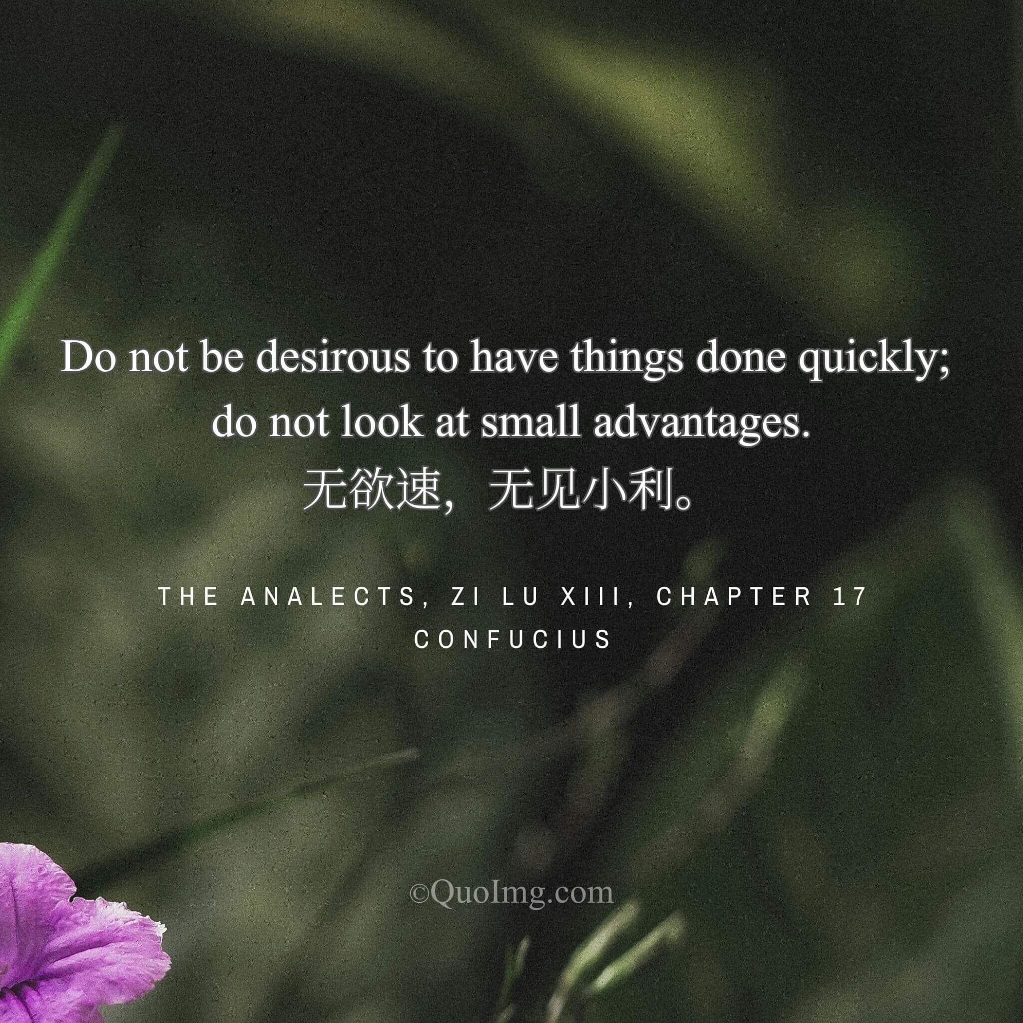 Confucius advised: “Do not desire speed, and do not eye petty gains.”