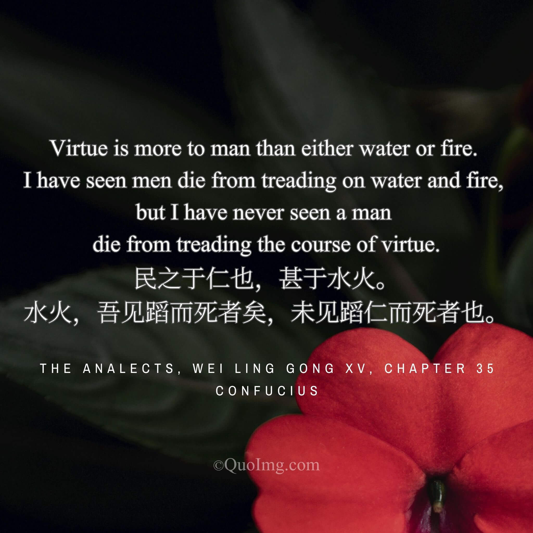 Confucius observed: “People need virtue more than water or fire, yet I’ve seen men die by treading water or fire, never by treading virtue.”