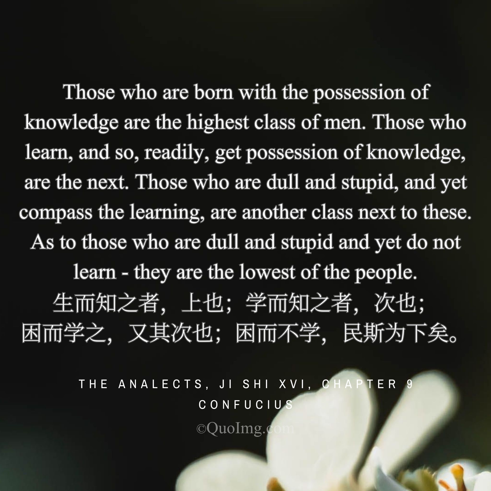 Confucius said: “Four kinds of people: born knowing, learn to know, learn through hardship, and, even in hardship, refuse to learn.”